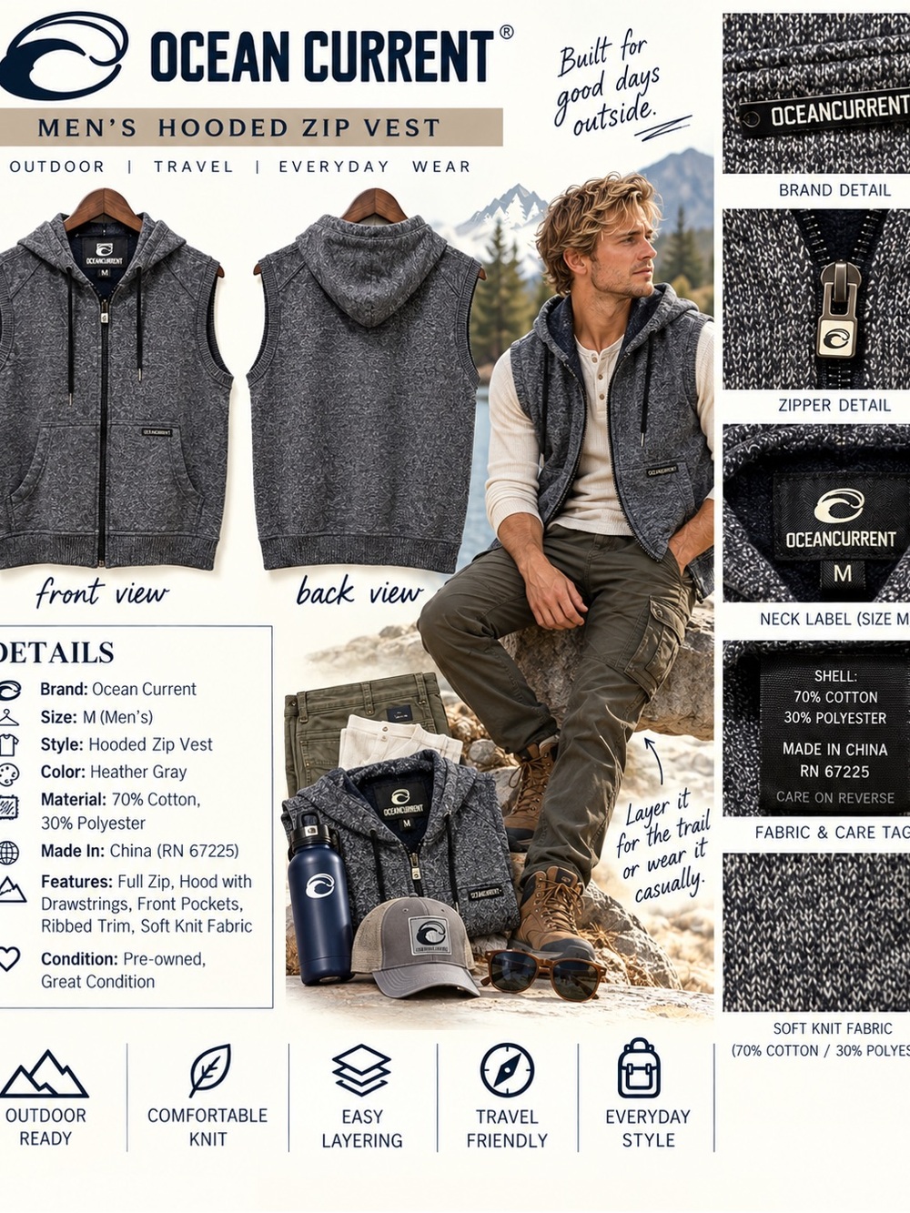 Ocean Current Men's Hooded Zip Vest in Heather Gray & Charcoal